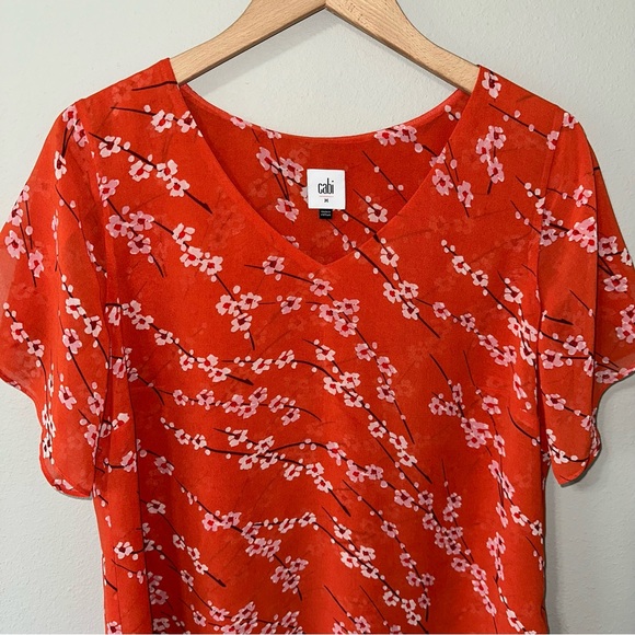 Cabi Orange & White Floral V Neck Lightweight Flowy Short Sleeve Blouse Medium - Picture 5 of 14